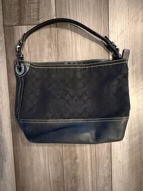 Coach Black Signature Canvas Shoulder Bag with Leather Trim
